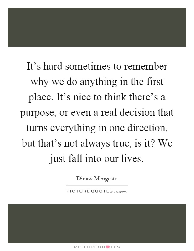 It's hard sometimes to remember why we do anything in the first place. It's nice to think there's a purpose, or even a real decision that turns everything in one direction, but that's not always true, is it? We just fall into our lives Picture Quote #1