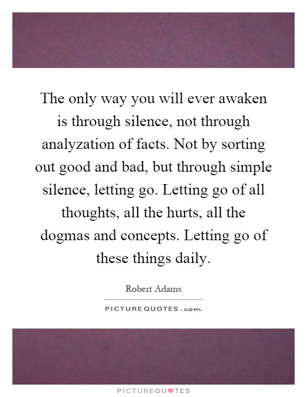 The only way you will ever awaken is through silence, not through analyzation of facts. Not by sorting out good and bad, but through simple silence, letting go. Letting go of all thoughts, all the hurts, all the dogmas and concepts. Letting go of these things daily Picture Quote #1