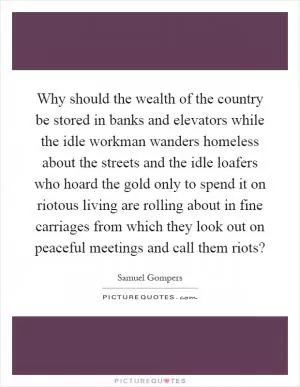 Why should the wealth of the country be stored in banks and elevators while the idle workman wanders homeless about the streets and the idle loafers who hoard the gold only to spend it on riotous living are rolling about in fine carriages from which they look out on peaceful meetings and call them riots? Picture Quote #1