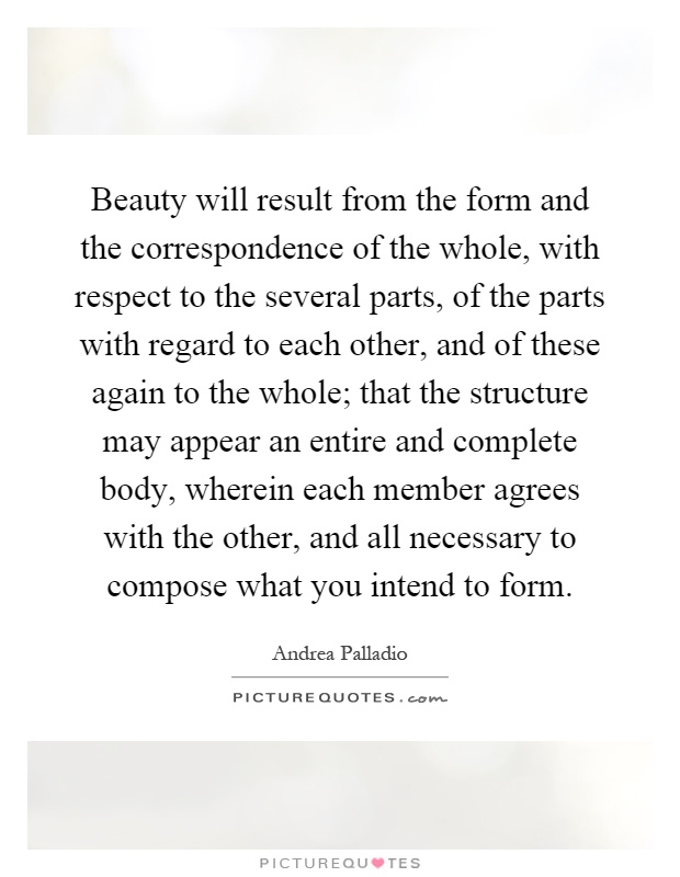 Beauty will result from the form and the correspondence of the whole, with respect to the several parts, of the parts with regard to each other, and of these again to the whole; that the structure may appear an entire and complete body, wherein each member agrees with the other, and all necessary to compose what you intend to form Picture Quote #1