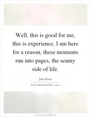 Well, this is good for me, this is experience, I am here for a reason, these moments run into pages, the seamy side of life Picture Quote #1