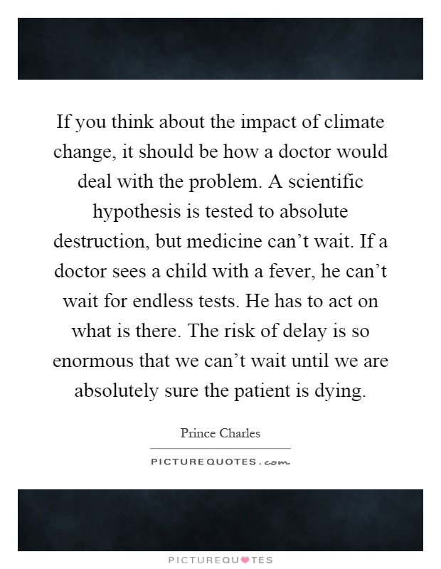 If you think about the impact of climate change, it should be how a doctor would deal with the problem. A scientific hypothesis is tested to absolute destruction, but medicine can't wait. If a doctor sees a child with a fever, he can't wait for endless tests. He has to act on what is there. The risk of delay is so enormous that we can't wait until we are absolutely sure the patient is dying Picture Quote #1