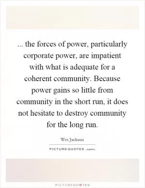 ... the forces of power, particularly corporate power, are impatient with what is adequate for a coherent community. Because power gains so little from community in the short run, it does not hesitate to destroy community for the long run Picture Quote #1