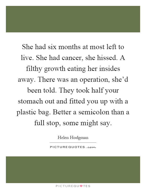 She had six months at most left to live. She had cancer, she hissed. A filthy growth eating her insides away. There was an operation, she'd been told. They took half your stomach out and fitted you up with a plastic bag. Better a semicolon than a full stop, some might say Picture Quote #1