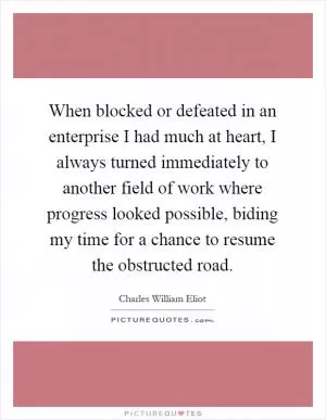 When blocked or defeated in an enterprise I had much at heart, I always turned immediately to another field of work where progress looked possible, biding my time for a chance to resume the obstructed road Picture Quote #1