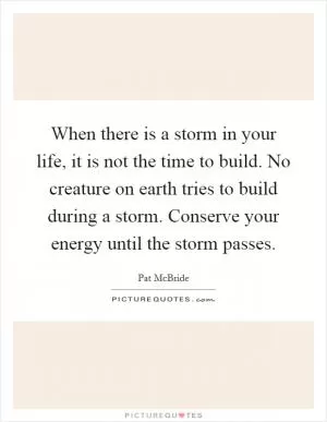 When there is a storm in your life, it is not the time to build. No creature on earth tries to build during a storm. Conserve your energy until the storm passes Picture Quote #1