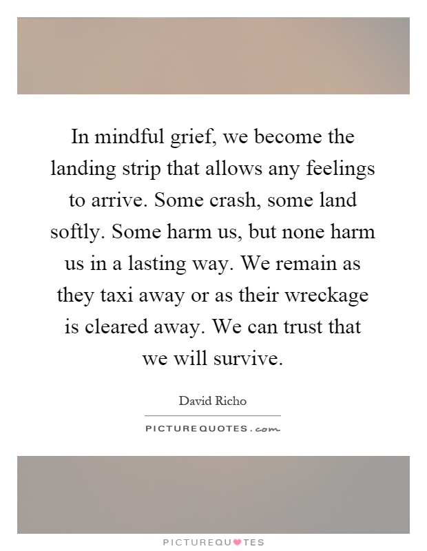 In mindful grief, we become the landing strip that allows any feelings to arrive. Some crash, some land softly. Some harm us, but none harm us in a lasting way. We remain as they taxi away or as their wreckage is cleared away. We can trust that we will survive Picture Quote #1