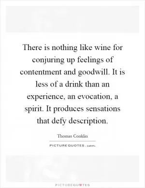 There is nothing like wine for conjuring up feelings of contentment and goodwill. It is less of a drink than an experience, an evocation, a spirit. It produces sensations that defy description Picture Quote #1