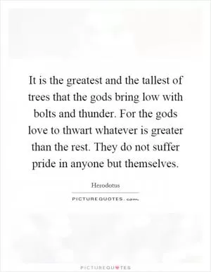 It is the greatest and the tallest of trees that the gods bring low with bolts and thunder. For the gods love to thwart whatever is greater than the rest. They do not suffer pride in anyone but themselves Picture Quote #1