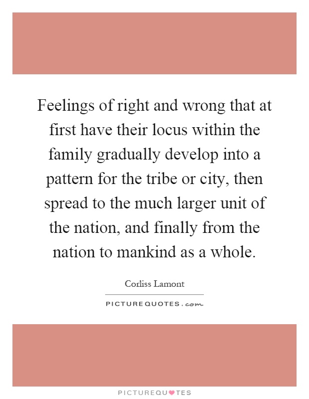 Feelings of right and wrong that at first have their locus within the family gradually develop into a pattern for the tribe or city, then spread to the much larger unit of the nation, and finally from the nation to mankind as a whole Picture Quote #1