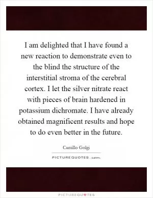I am delighted that I have found a new reaction to demonstrate even to the blind the structure of the interstitial stroma of the cerebral cortex. I let the silver nitrate react with pieces of brain hardened in potassium dichromate. I have already obtained magnificent results and hope to do even better in the future Picture Quote #1