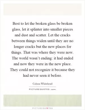 Best to let the broken glass be broken glass, let it splinter into smaller pieces and dust and scatter. Let the cracks between things widen until they are no longer cracks but the new places for things. That was where they were now. The world wasn’t ending: it had ended and now they were in the new place. They could not recognize it because they had never seen it before Picture Quote #1