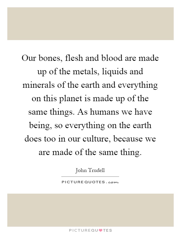 Our bones, flesh and blood are made up of the metals, liquids and minerals of the earth and everything on this planet is made up of the same things. As humans we have being, so everything on the earth does too in our culture, because we are made of the same thing Picture Quote #1