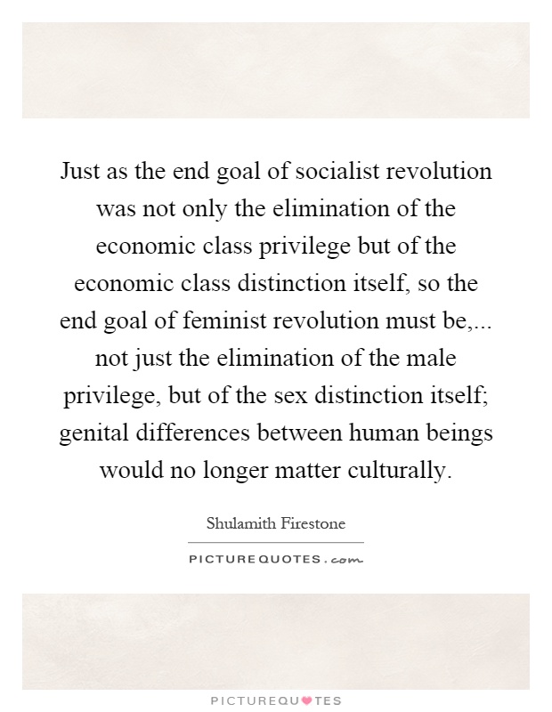 Just as the end goal of socialist revolution was not only the elimination of the economic class privilege but of the economic class distinction itself, so the end goal of feminist revolution must be,... not just the elimination of the male privilege, but of the sex distinction itself; genital differences between human beings would no longer matter culturally Picture Quote #1
