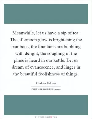 Meanwhile, let us have a sip of tea. The afternoon glow is brightening the bamboos, the fountains are bubbling with delight, the soughing of the pines is heard in our kettle. Let us dream of evanescence, and linger in the beautiful foolishness of things Picture Quote #1