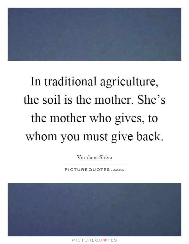 In traditional agriculture, the soil is the mother. She's the mother who gives, to whom you must give back Picture Quote #1