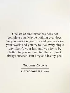 One set of circumstances does not complete you. Maybe nothing ever does. So you work on your life and you work on your 'work' and you try to live every single day like it's your last. and you try to be better, to yourself and to others. I don't always succeed. But I try and it's my goal Picture Quote #1
