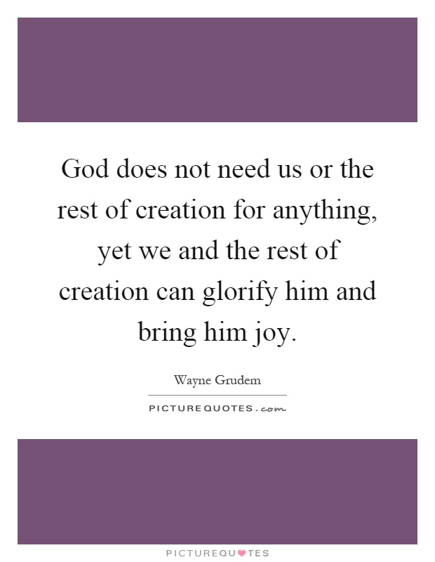God does not need us or the rest of creation for anything, yet we and the rest of creation can glorify him and bring him joy Picture Quote #1