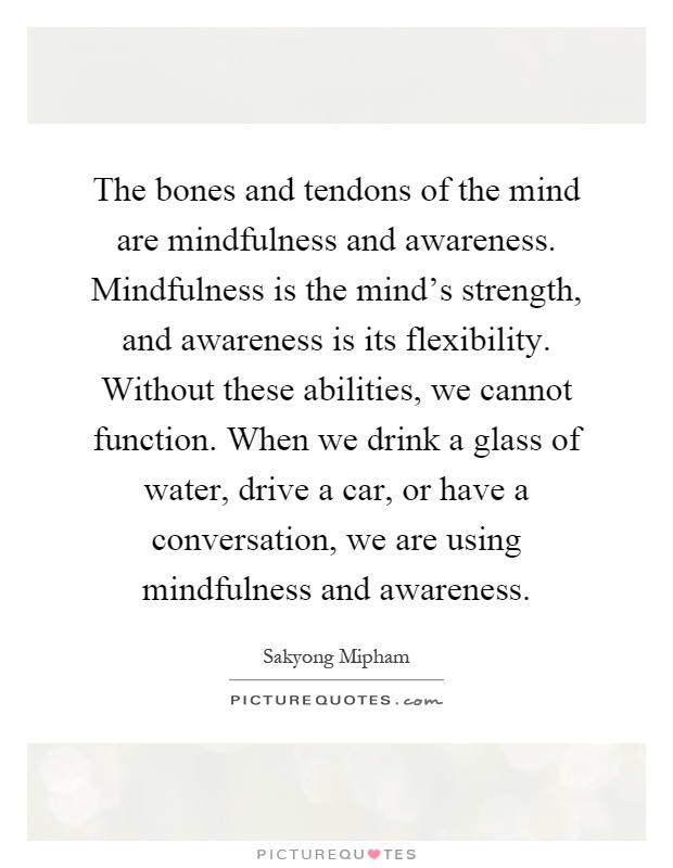 The bones and tendons of the mind are mindfulness and awareness. Mindfulness is the mind's strength, and awareness is its flexibility. Without these abilities, we cannot function. When we drink a glass of water, drive a car, or have a conversation, we are using mindfulness and awareness Picture Quote #1