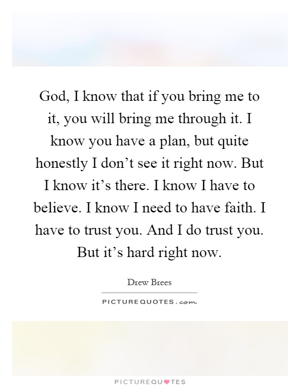 God, I know that if you bring me to it, you will bring me through it. I know you have a plan, but quite honestly I don't see it right now. But I know it's there. I know I have to believe. I know I need to have faith. I have to trust you. And I do trust you. But it's hard right now Picture Quote #1