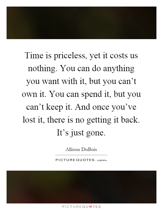 Time is priceless, yet it costs us nothing. You can do anything you want with it, but you can't own it. You can spend it, but you can't keep it. And once you've lost it, there is no getting it back. It's just gone Picture Quote #1