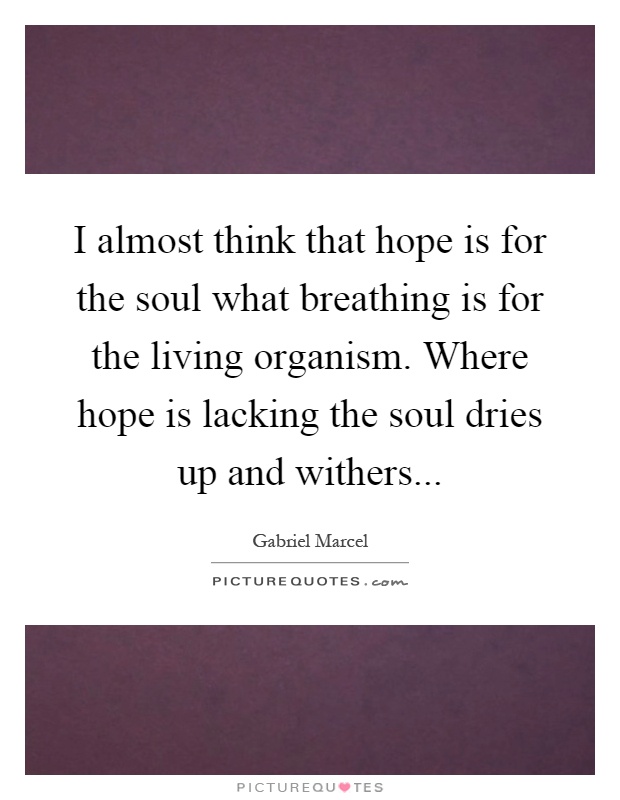 I almost think that hope is for the soul what breathing is for the living organism. Where hope is lacking the soul dries up and withers Picture Quote #1