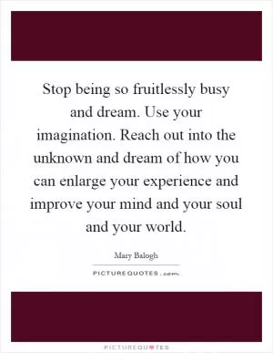 Stop being so fruitlessly busy and dream. Use your imagination. Reach out into the unknown and dream of how you can enlarge your experience and improve your mind and your soul and your world Picture Quote #1
