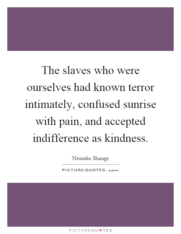 The slaves who were ourselves had known terror intimately, confused sunrise with pain, and accepted indifference as kindness Picture Quote #1
