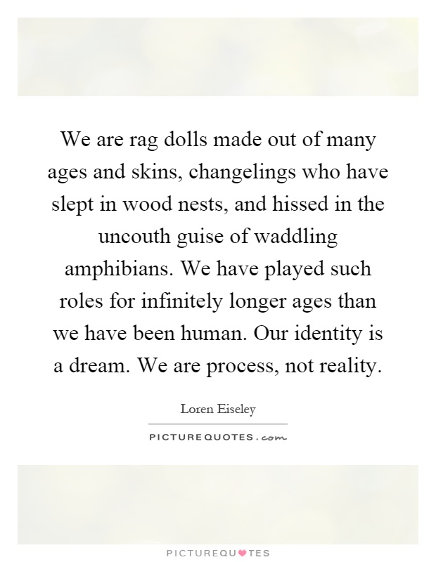 We are rag dolls made out of many ages and skins, changelings who have slept in wood nests, and hissed in the uncouth guise of waddling amphibians. We have played such roles for infinitely longer ages than we have been human. Our identity is a dream. We are process, not reality Picture Quote #1