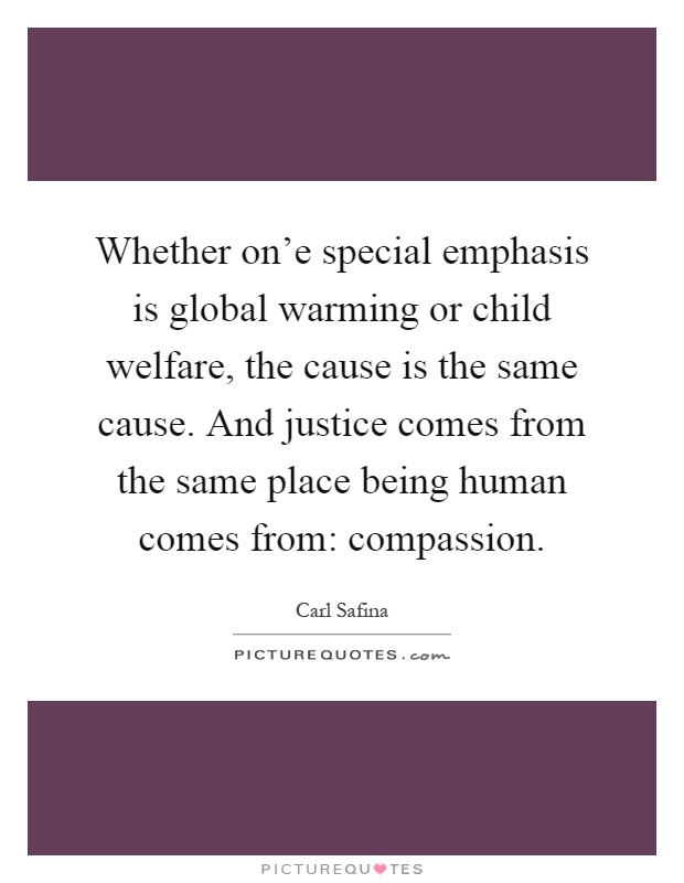 Whether on'e special emphasis is global warming or child welfare, the cause is the same cause. And justice comes from the same place being human comes from: compassion Picture Quote #1