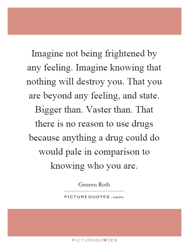 Imagine not being frightened by any feeling. Imagine knowing that nothing will destroy you. That you are beyond any feeling, and state. Bigger than. Vaster than. That there is no reason to use drugs because anything a drug could do would pale in comparison to knowing who you are Picture Quote #1