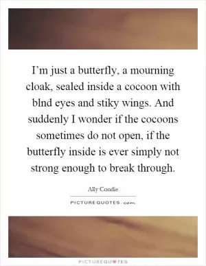 I’m just a butterfly, a mourning cloak, sealed inside a cocoon with blnd eyes and stiky wings. And suddenly I wonder if the cocoons sometimes do not open, if the butterfly inside is ever simply not strong enough to break through Picture Quote #1