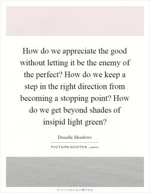 How do we appreciate the good without letting it be the enemy of the perfect? How do we keep a step in the right direction from becoming a stopping point? How do we get beyond shades of insipid light green? Picture Quote #1