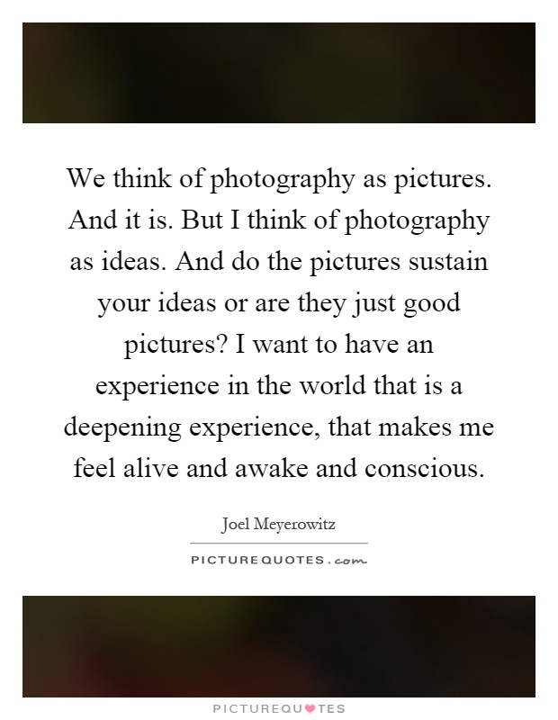 We think of photography as pictures. And it is. But I think of photography as ideas. And do the pictures sustain your ideas or are they just good pictures? I want to have an experience in the world that is a deepening experience, that makes me feel alive and awake and conscious Picture Quote #1