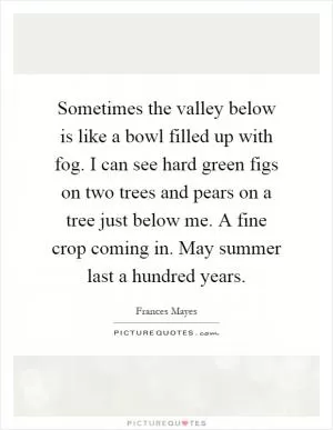 Sometimes the valley below is like a bowl filled up with fog. I can see hard green figs on two trees and pears on a tree just below me. A fine crop coming in. May summer last a hundred years Picture Quote #1