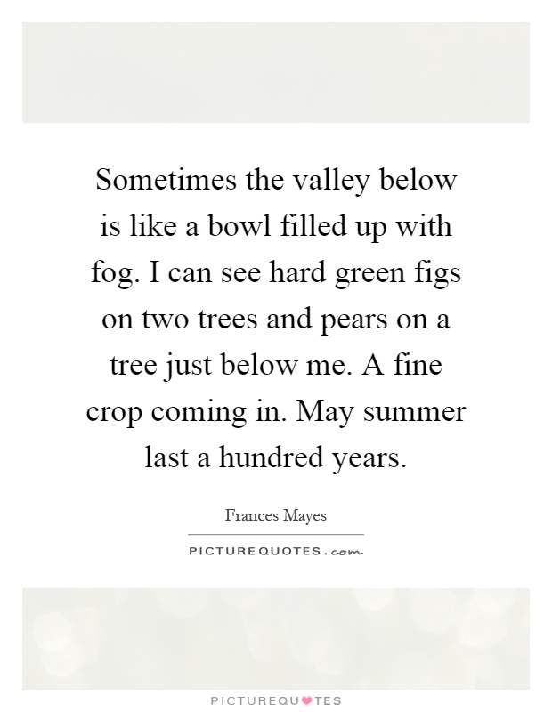 Sometimes the valley below is like a bowl filled up with fog. I can see hard green figs on two trees and pears on a tree just below me. A fine crop coming in. May summer last a hundred years Picture Quote #1