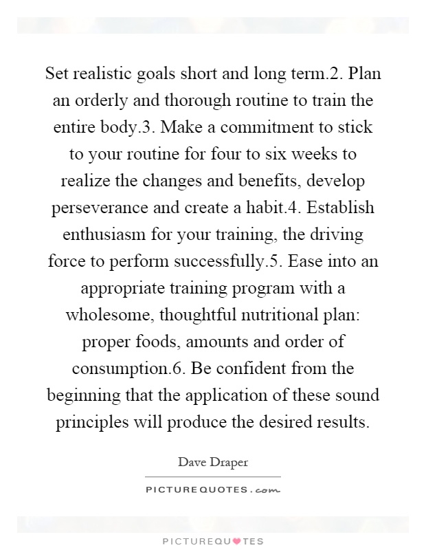 Set realistic goals short and long term.2. Plan an orderly and thorough routine to train the entire body.3. Make a commitment to stick to your routine for four to six weeks to realize the changes and benefits, develop perseverance and create a habit.4. Establish enthusiasm for your training, the driving force to perform successfully.5. Ease into an appropriate training program with a wholesome, thoughtful nutritional plan: proper foods, amounts and order of consumption.6. Be confident from the beginning that the application of these sound principles will produce the desired results Picture Quote #1