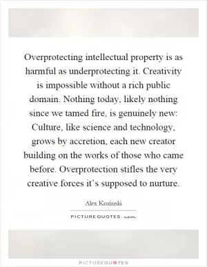Overprotecting intellectual property is as harmful as underprotecting it. Creativity is impossible without a rich public domain. Nothing today, likely nothing since we tamed fire, is genuinely new: Culture, like science and technology, grows by accretion, each new creator building on the works of those who came before. Overprotection stifles the very creative forces it’s supposed to nurture Picture Quote #1
