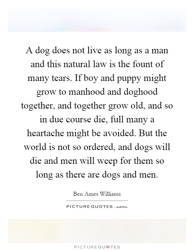 A dog does not live as long as a man and this natural law is the fount of many tears. If boy and puppy might grow to manhood and doghood together, and together grow old, and so in due course die, full many a heartache might be avoided. But the world is not so ordered, and dogs will die and men will weep for them so long as there are dogs and men Picture Quote #1