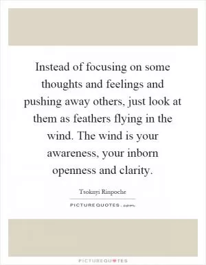 Instead of focusing on some thoughts and feelings and pushing away others, just look at them as feathers flying in the wind. The wind is your awareness, your inborn openness and clarity Picture Quote #1