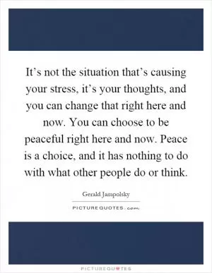 It’s not the situation that’s causing your stress, it’s your thoughts, and you can change that right here and now. You can choose to be peaceful right here and now. Peace is a choice, and it has nothing to do with what other people do or think Picture Quote #1