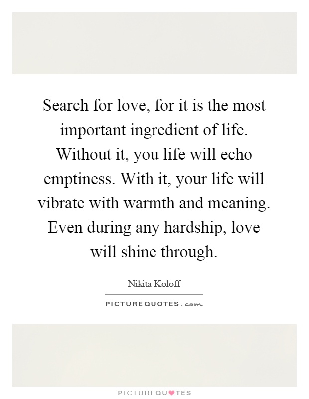 Search for love, for it is the most important ingredient of life. Without it, you life will echo emptiness. With it, your life will vibrate with warmth and meaning. Even during any hardship, love will shine through Picture Quote #1