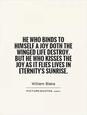He who binds to himself a joy doth the winged life destroy. But he who kisses the joy as it flies lives in Eternity's sunrise Picture Quote #1