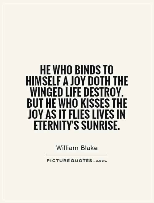 He who binds to himself a joy doth the winged life destroy. But he who kisses the joy as it flies lives in Eternity's sunrise Picture Quote #1
