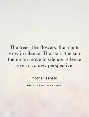 The trees, the flowers, the plants grow in silence. The stars, the sun, the moon move in silence. Silence gives us a new perspective Picture Quote #1