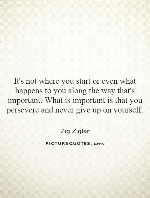 It's not where you start or even what happens to you along the way that's important. What is important is that you persevere and never give up on yourself Picture Quote #1