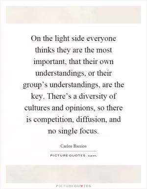 On the light side everyone thinks they are the most important, that their own understandings, or their group’s understandings, are the key. There’s a diversity of cultures and opinions, so there is competition, diffusion, and no single focus Picture Quote #1