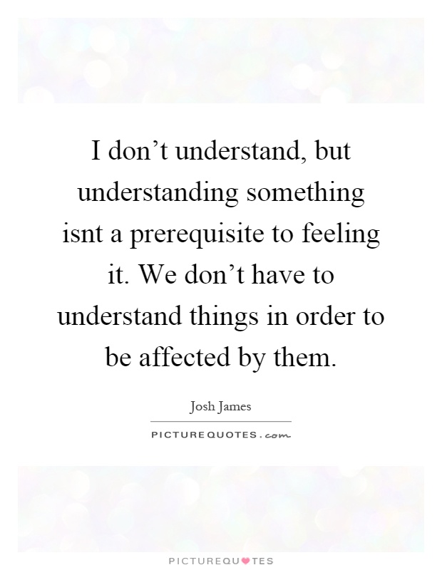 I don't understand, but understanding something isnt a prerequisite to feeling it. We don't have to understand things in order to be affected by them Picture Quote #1