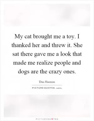 My cat brought me a toy. I thanked her and threw it. She sat there gave me a look that made me realize people and dogs are the crazy ones Picture Quote #1