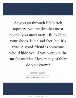 As you go through life’s rich tapestry, you realize that most people you meet aren’t fit to shine your shoes. It’s a sad fact, but it’s true. A good friend is someone who’d hide you if you were on the run for murder. How many of them do you know? Picture Quote #1